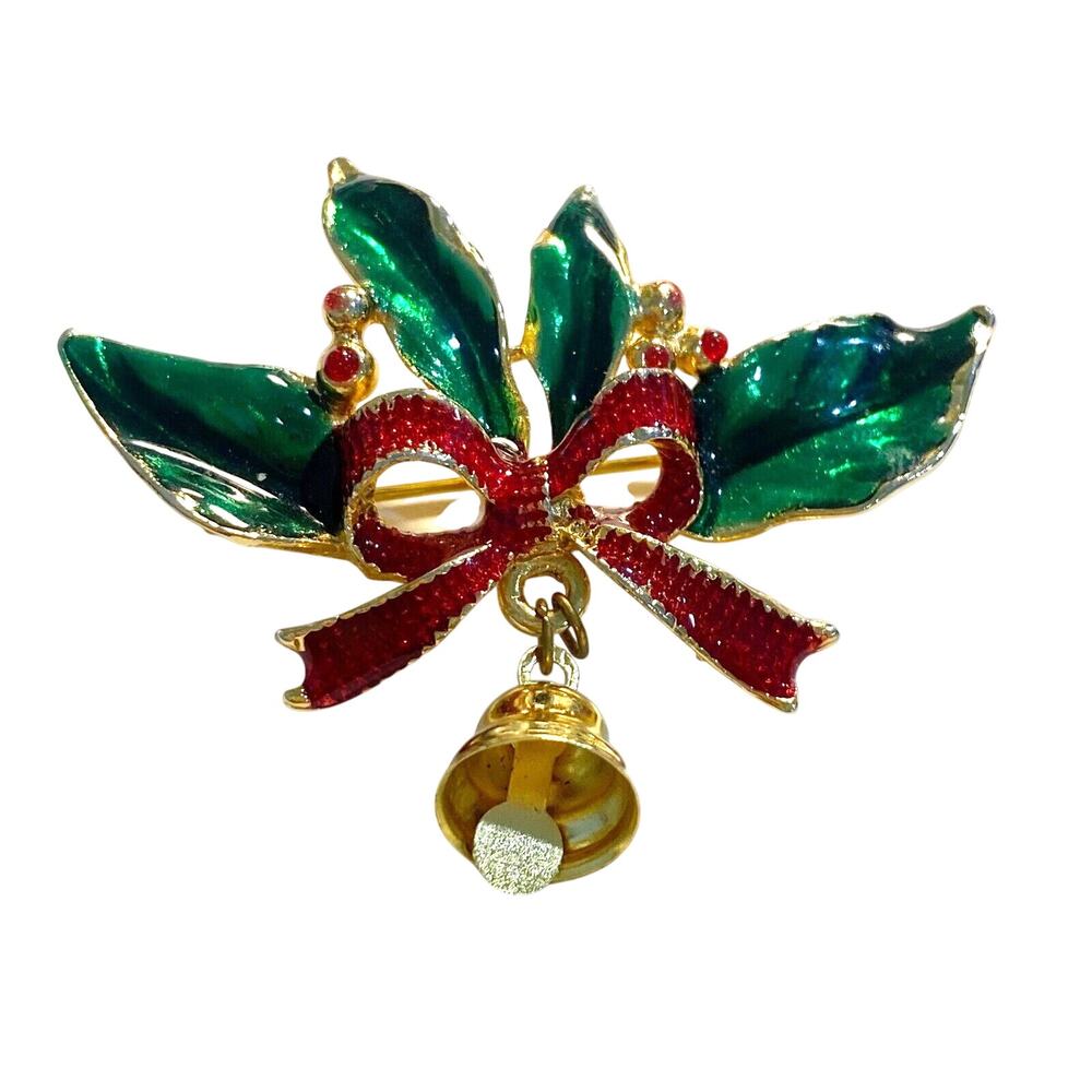 Christmas Brooch Goldtone Red & Green Enamel Festive Holly Sprig & Bell Pin